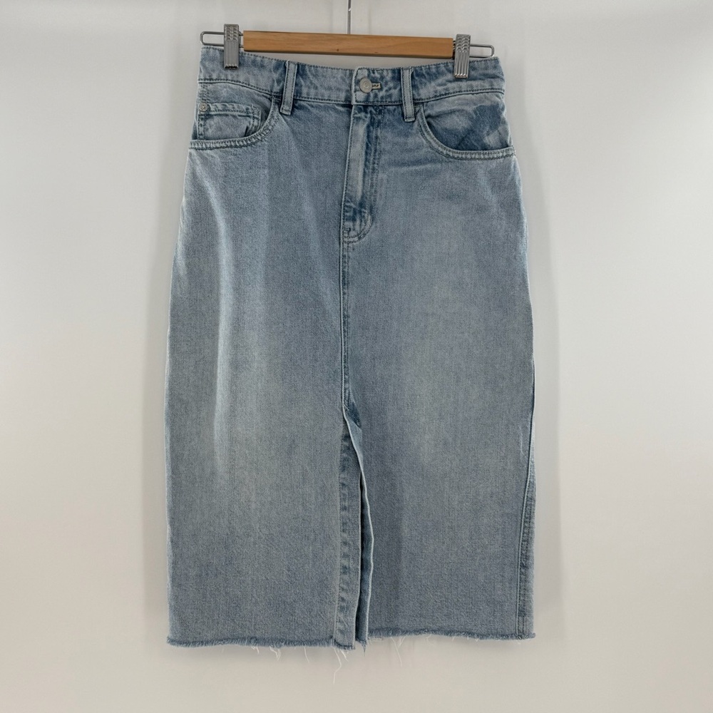 Free People We The Free Wilshire Denim High Waist Midi Skirt Light Denim Size 27